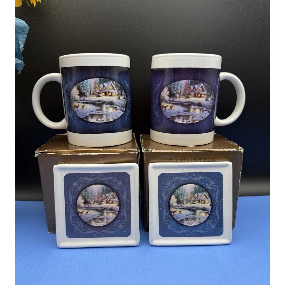 Thomas Kinkade Deer Creek Cottage Mug (Set‎ Of Two) With Coaster in Original Box